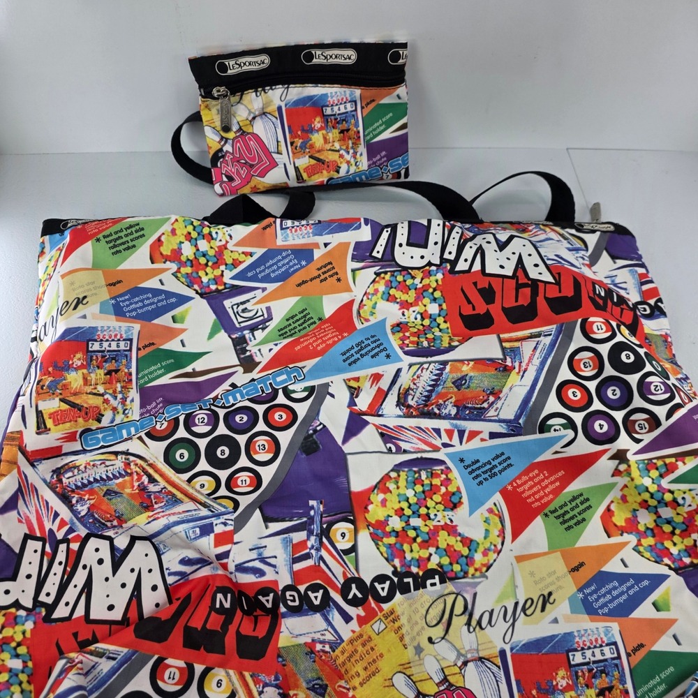 LeSportsac RARE Let's Play Arcade Game Pinball Billiards Print Tote Bag w Pouch